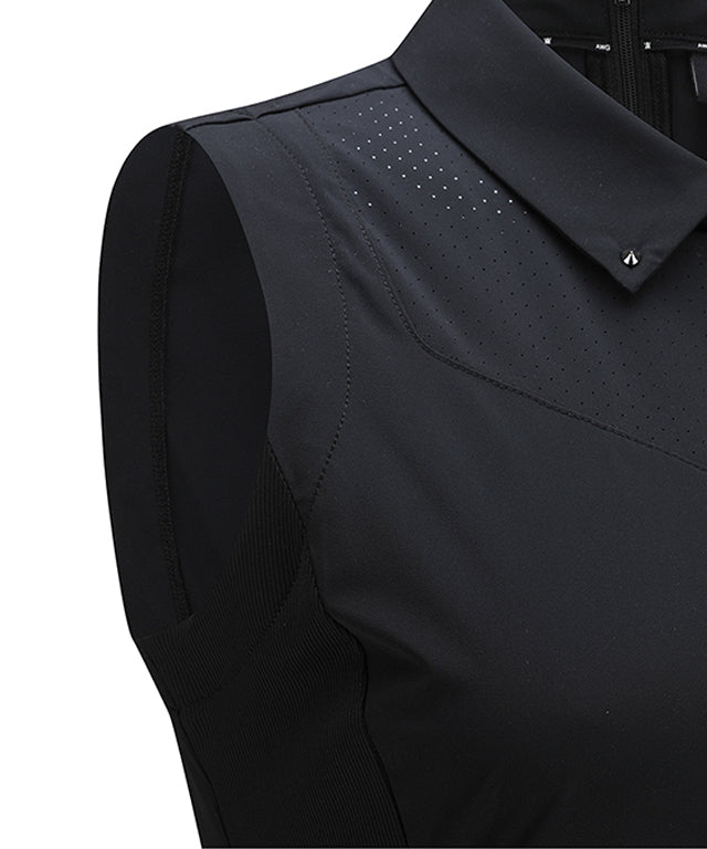 ANEW Golf Women Sleeveless Flare One Piece in Black, showcasing its stylish design and perforated fabric.